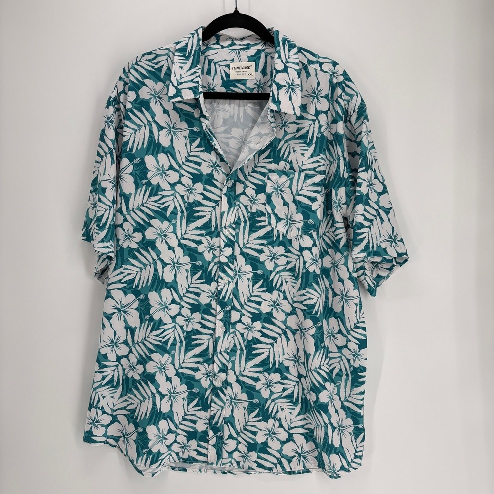 Hawaiian Shirt Mens XXL Blue Palm Stretch Cruise Resort Tunevuse Camp